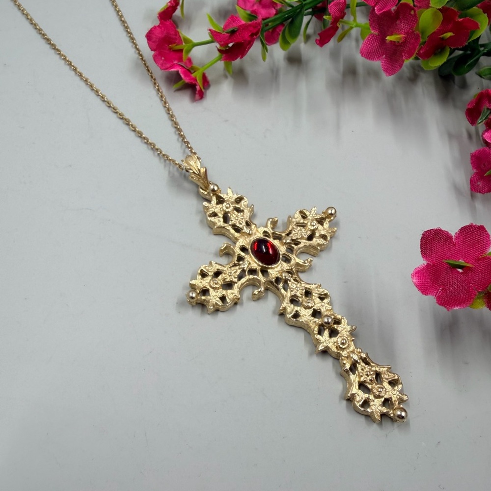 Avon Signed Vintage Gothic Style Gold Cross Necklace with Red Gemstone